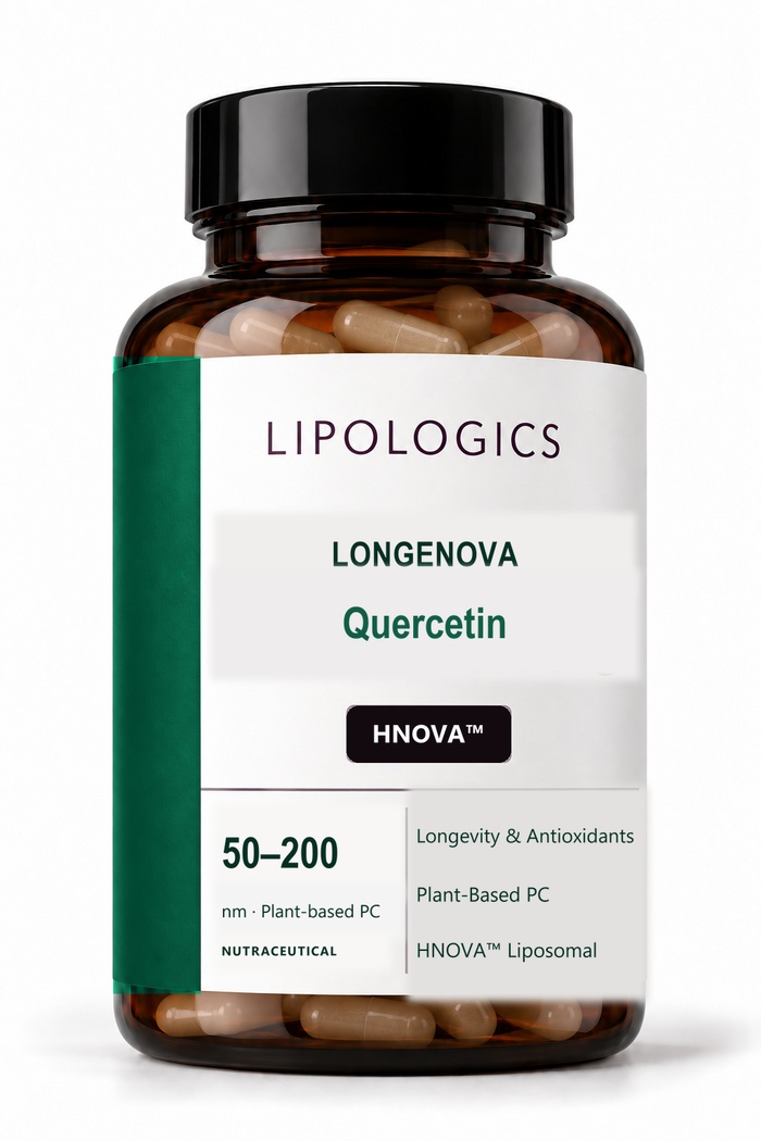 Cellorae™ Quercetin bottle, plant-based liposomal capsules visible through the amber glass