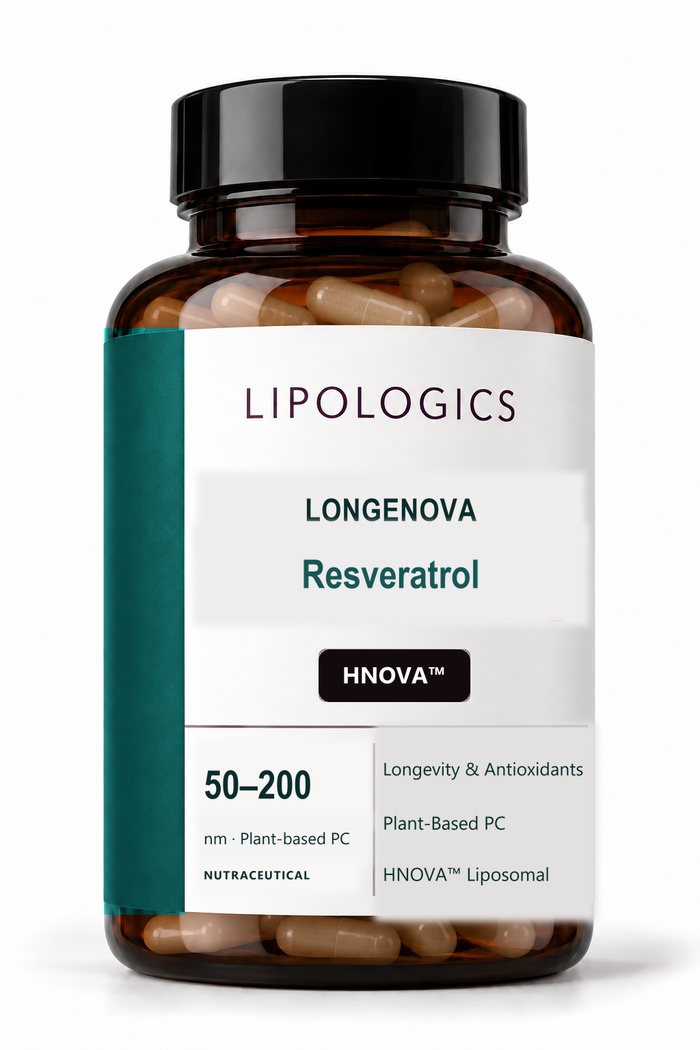 Cellorae™ Resveratrol bottle, plant-based liposomal capsules visible through the amber glass