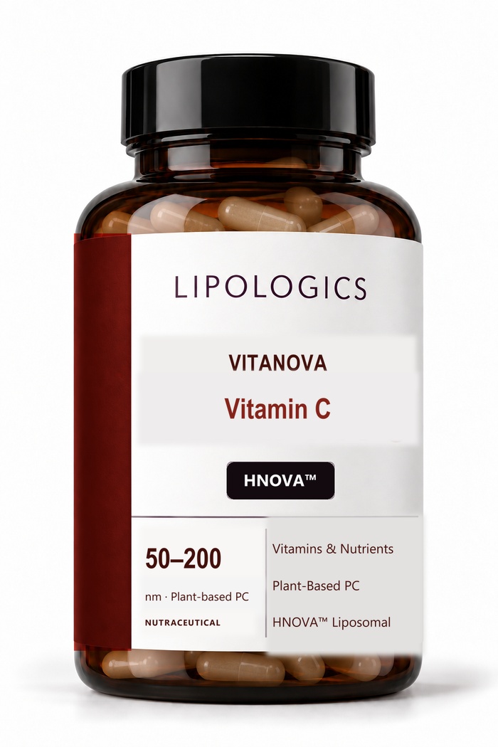 Nourevi™ Vitamin C bottle, plant-based liposomal capsules visible through the amber glass