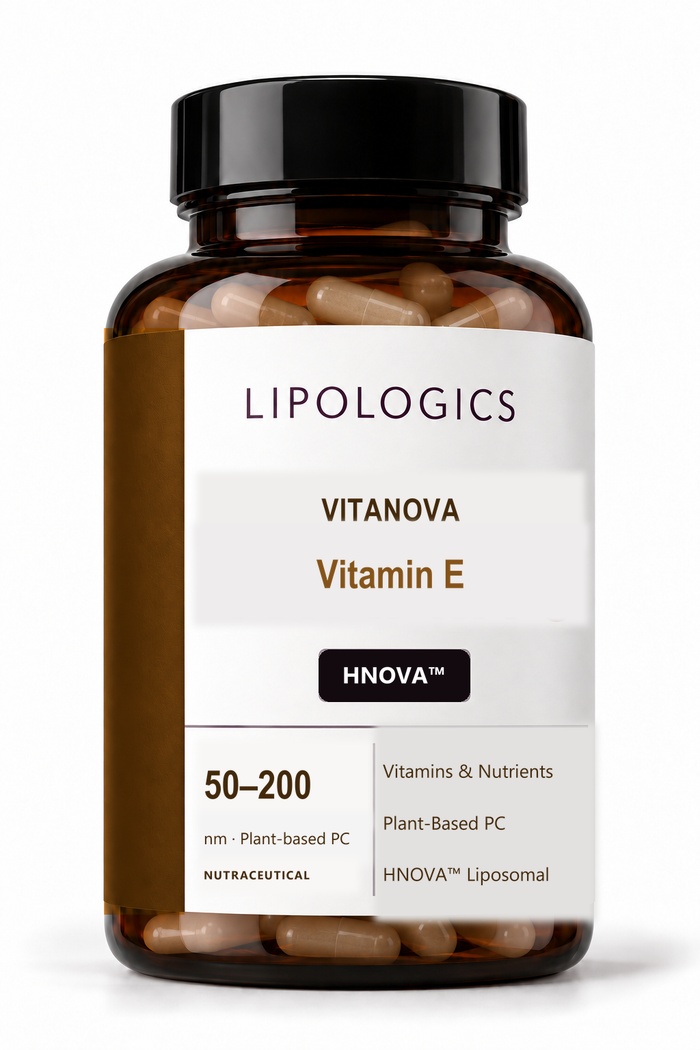 Nourevi™ Vitamin E bottle, plant-based liposomal capsules visible through the amber glass